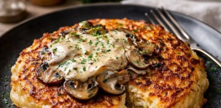 Křupavé bramborové rösti s mozzarellou a smetanovou houbovou omáčkou: jednoduchý recept na rodinný oběd